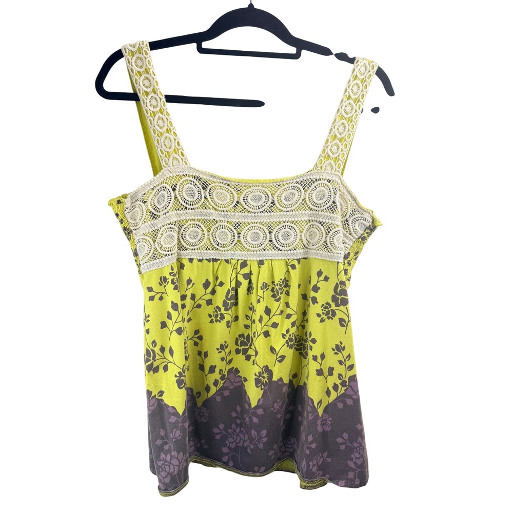 R&B Womens Lime Green Floral Cotton Boho Crochet‎ Lace Smocked Tank Top Size M